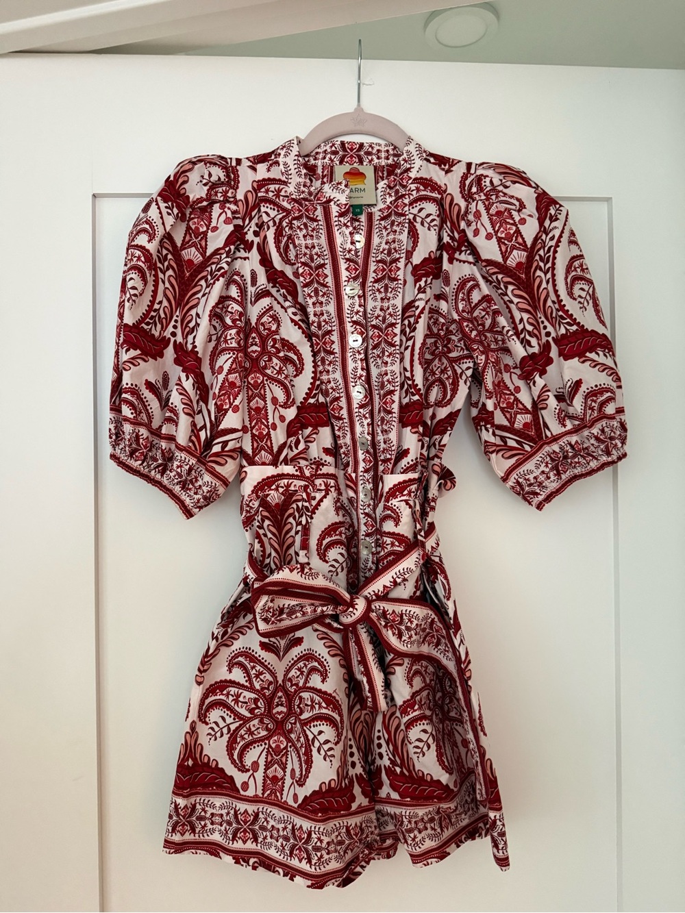 FARM Rio Red & White Printed cotton romper Tie-Waist Mini Dress - Picture 2 of 3